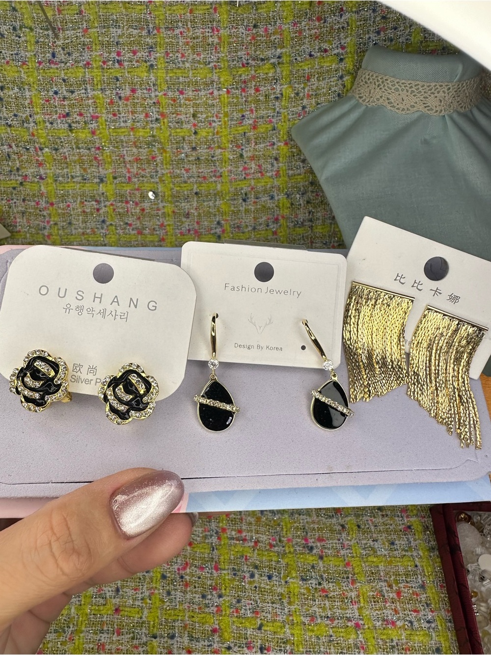 3 pairs Gold and Black Drop Earrings by SHAN - Elegant Women's Jewelry